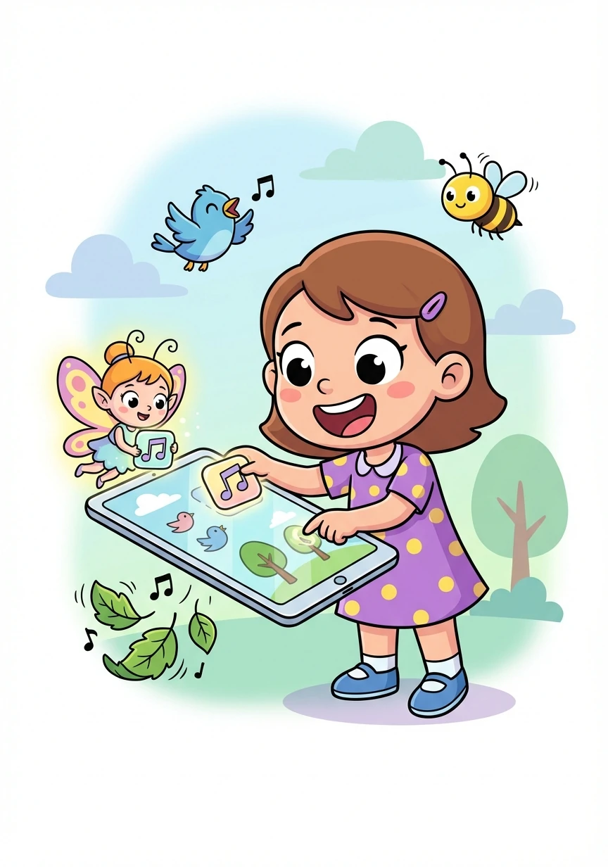 Juntas, Aurora e a Fada dos Apps adicionaram sons divertidos ao aplicativo: o canto dos pássaros, o zumbido das abelhas e o farfalhar das folhas.