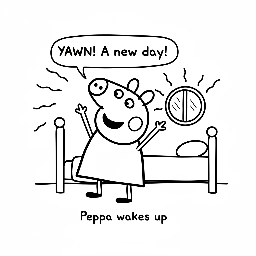 Peppa Pig wakes up with a big smile, her eyes sparkling. The sun peeks through her window, making her bedroom feel warm and bright. She stretches her