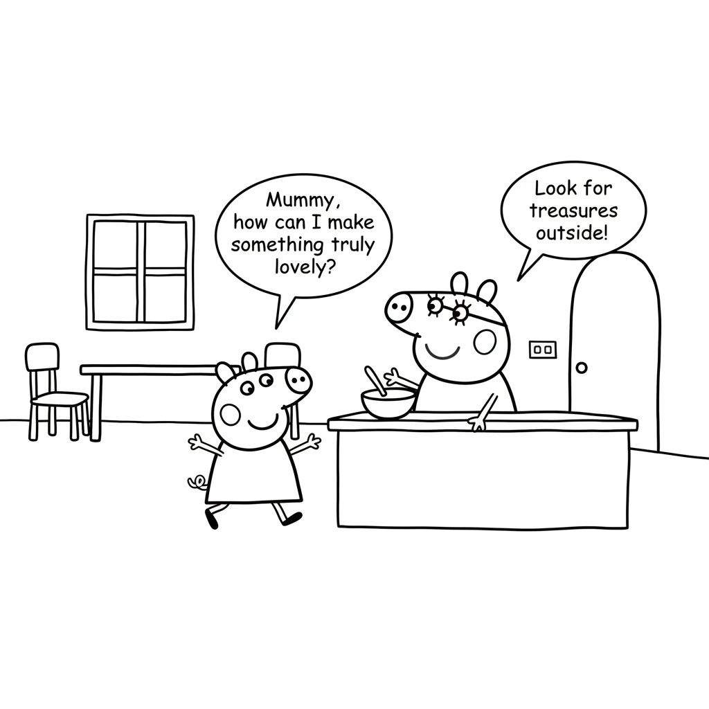 Peppa skips to the kitchen where Mummy Pig is making breakfast. "Mummy, how can I make something truly lovely?" Peppa asks, her tail wiggling with exc