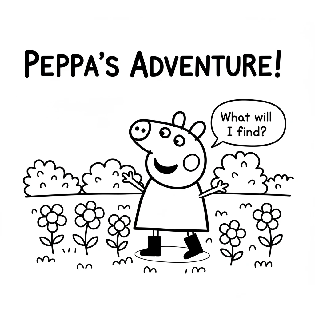 Peppa puts on her favorite red boots and heads outside into the garden. The grass is green and the flowers are blooming everywhere. She looks left and