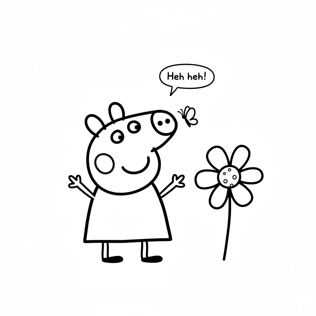 Suddenly, a tiny, colorful butterfly flutters past Peppa's nose. It dances around a bright red flower. Peppa giggles, watching its gentle wings.