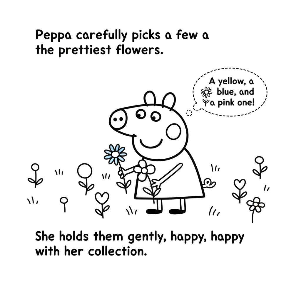 Peppa carefully picks a few of the prettiest flowers. She chooses a yellow one, a blue one, and a pink one. She holds them gently in her little hooves