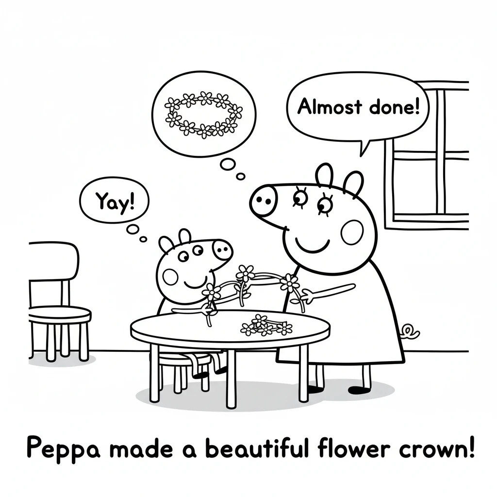 Back inside, Peppa sits at a small table. With a little bit of help from Mummy Pig, she carefully weaves the flowers together. Soon, she has made a be