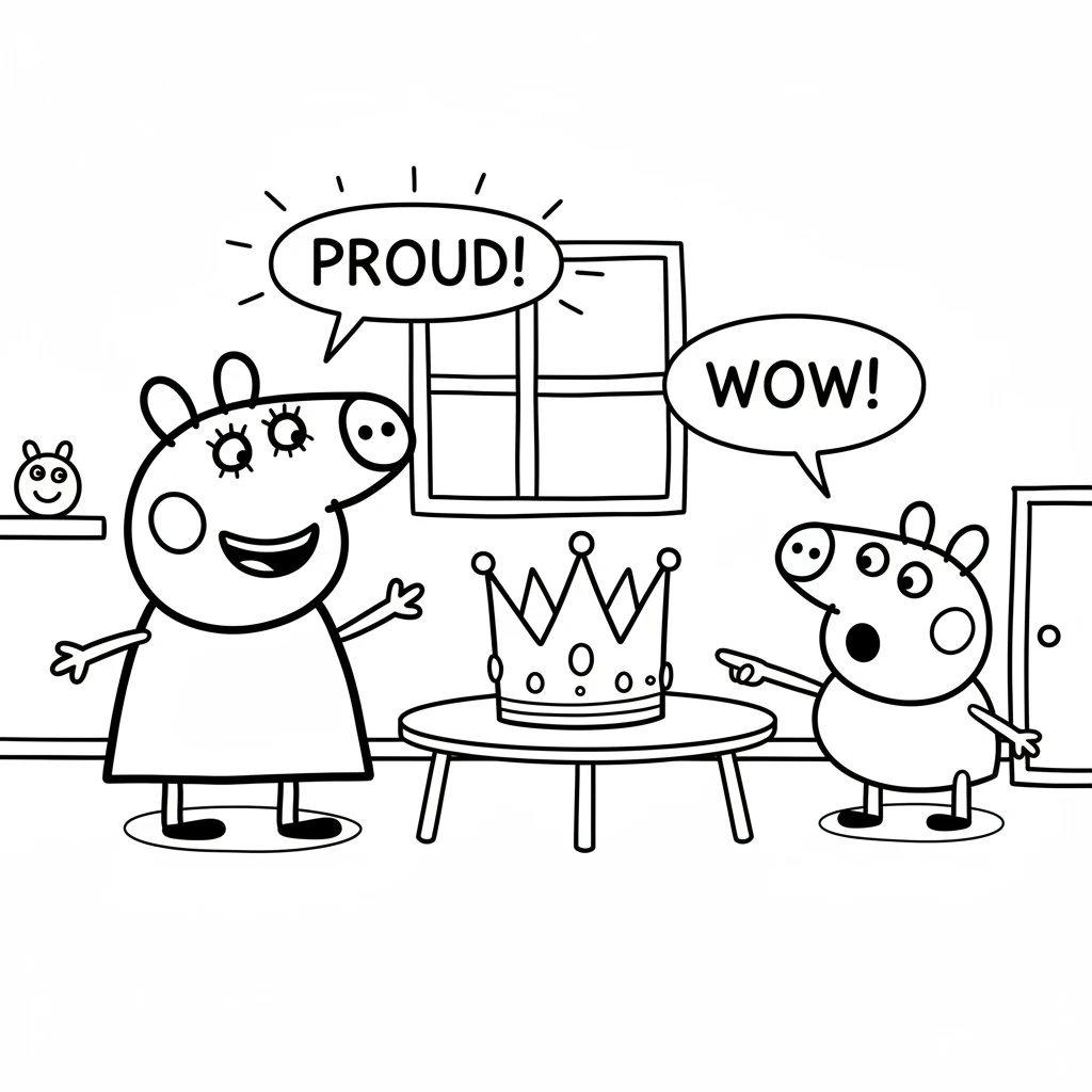 George comes into the room and sees Peppa's creation. His eyes widen with wonder. "Wow!" he exclaims, pointing at the lovely crown. Peppa beams with p