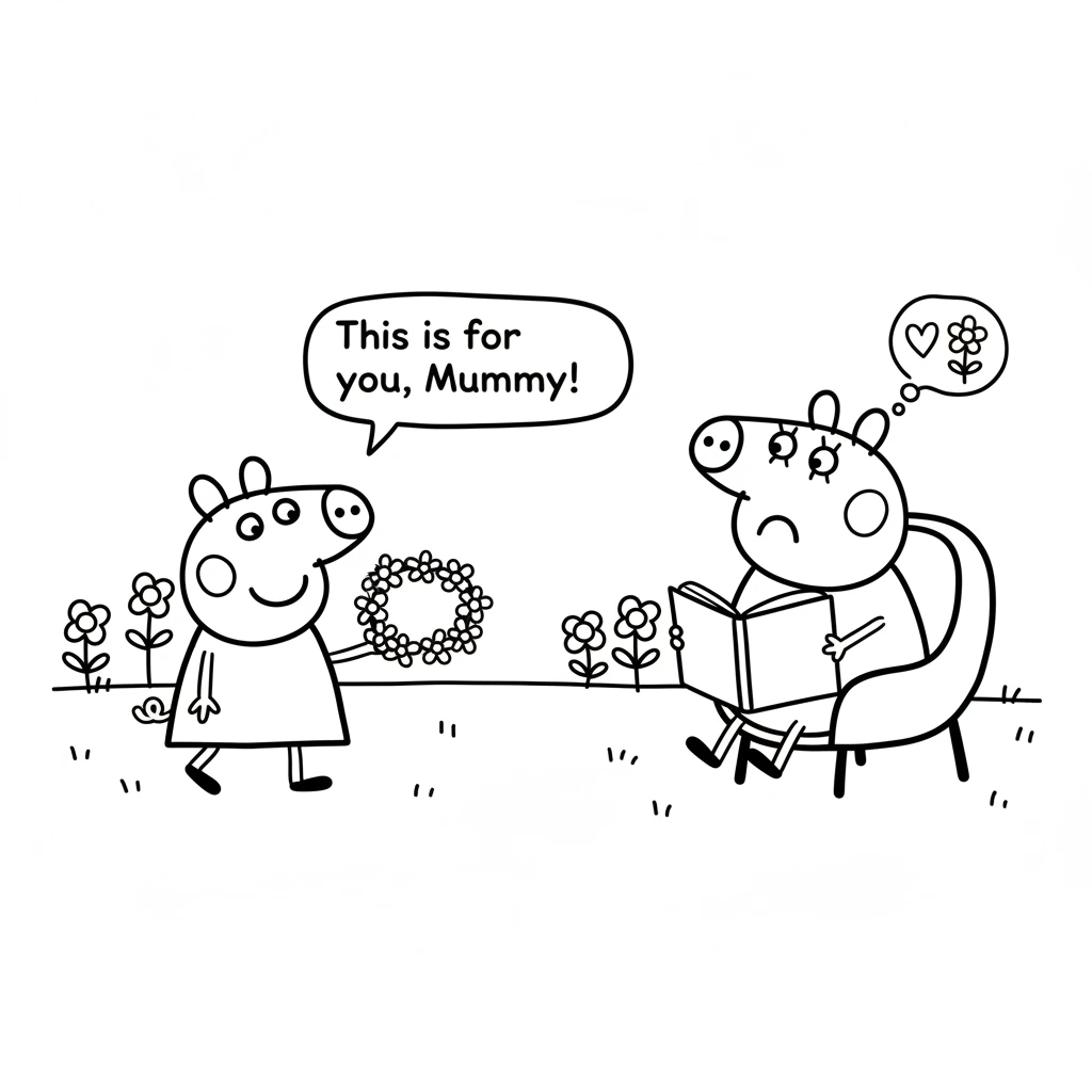 Peppa walks up to Mummy Pig, who is reading a book. "This is for you, Mummy!" Peppa says, presenting the flower crown. Mummy Pig looks up, surprised a