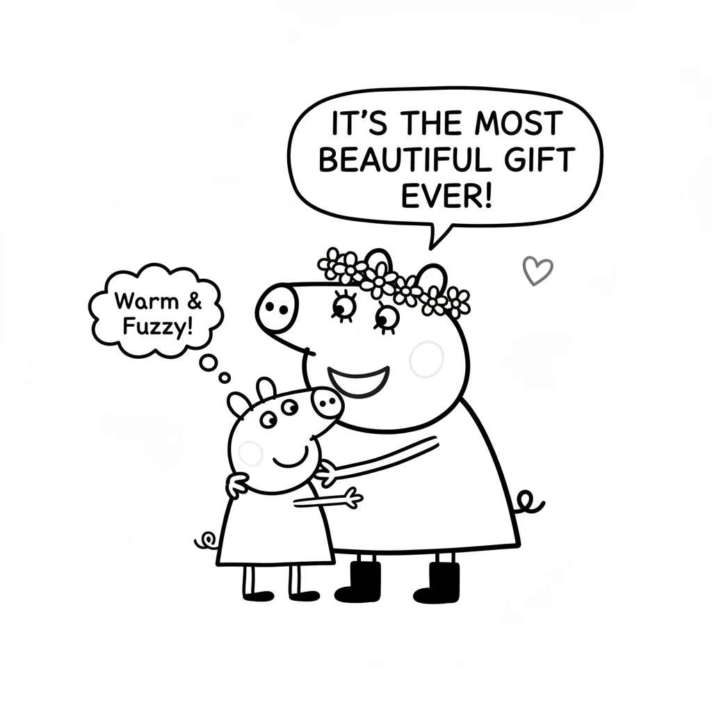 Mummy Pig gently places the flower crown on her head. She gives Peppa a big hug, telling her it's the most beautiful gift ever. Peppa feels warm and f