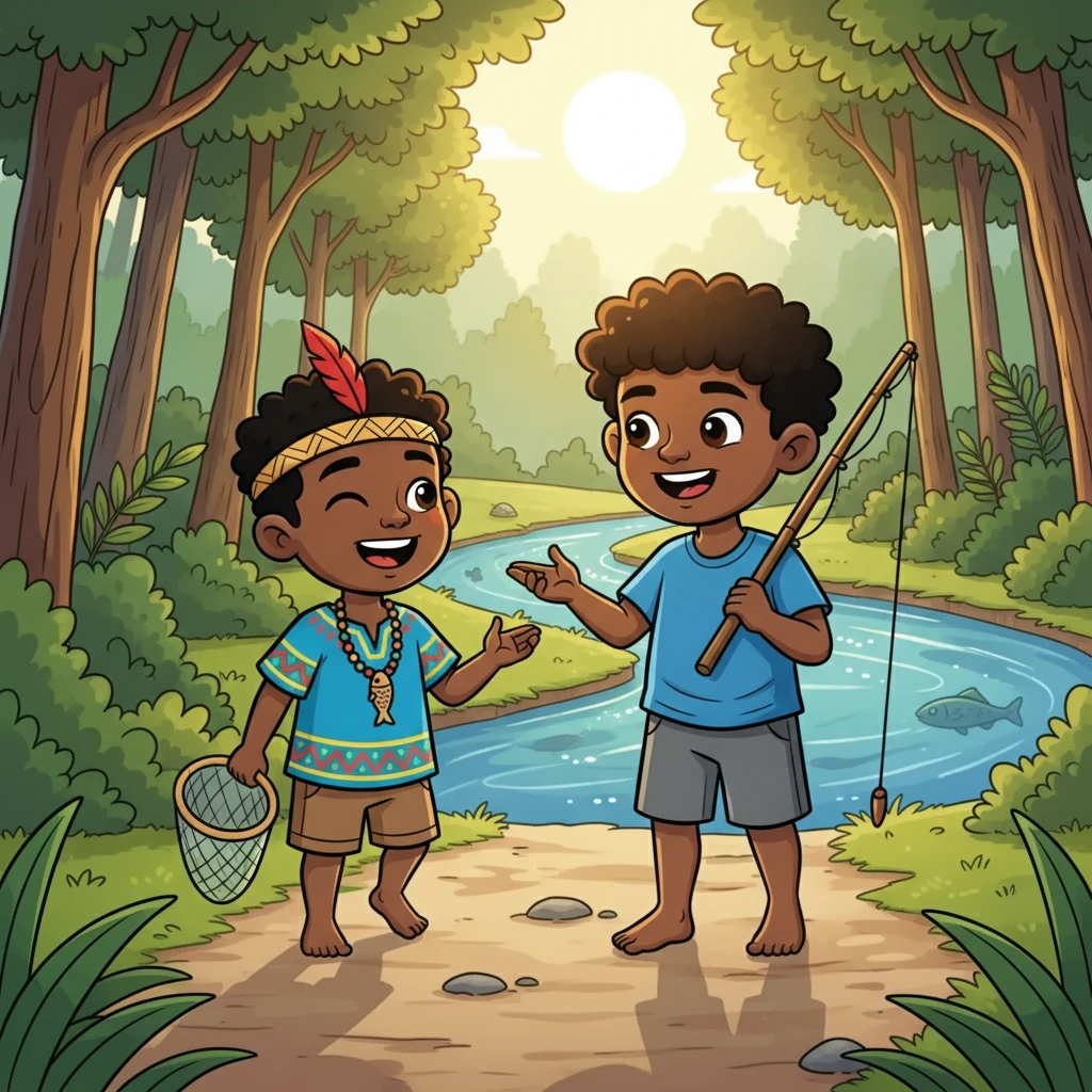 Kawa y su hermano mayor, Yaku, caminaban juntos hacia el río. El sol brillaba sobre sus cabellos oscuros mientras charlaban y reían. Su misión era pescar para la cena, una tarea que ambos disfrutaban.