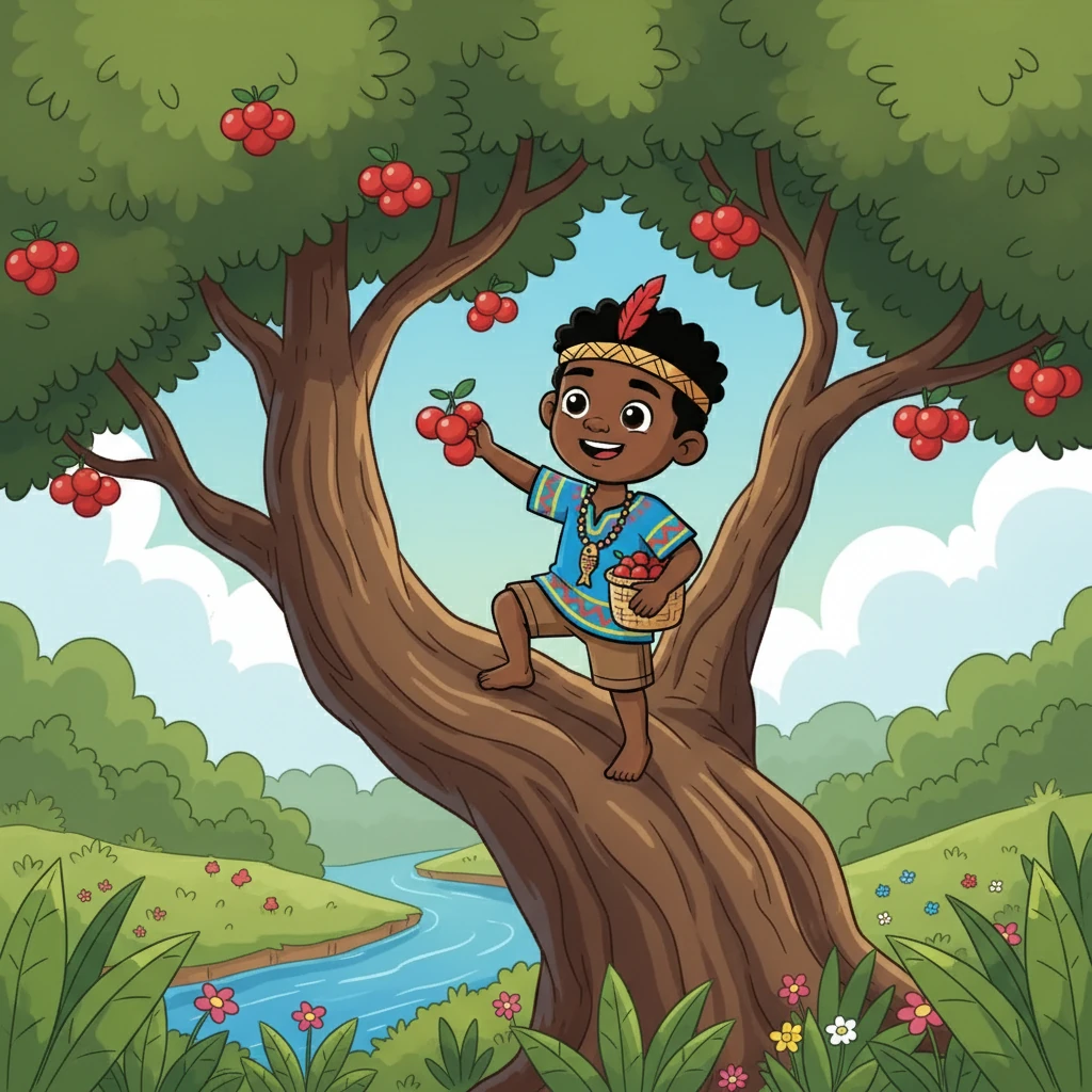 En su camino, descubrieron un árbol imponente, adornado con pepas rojas, perfectas para usar como carnada. Yaku, con una sonrisa en el rostro, decidió subir al árbol para recolectar muchas pepas, con la intención de pescar más.