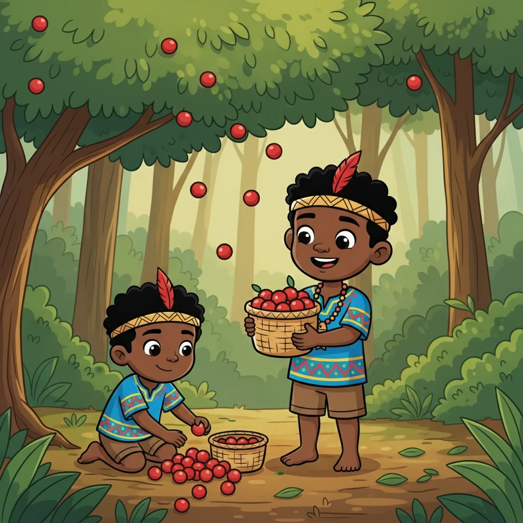 Kawa, más prudente, se dedicó a recoger las pepas que caían, esperando pacientemente a su hermano. Pronto, una canasta llena les bastaría. Kawa, con la canasta llena, le indicó a Yaku que era hora de irse.