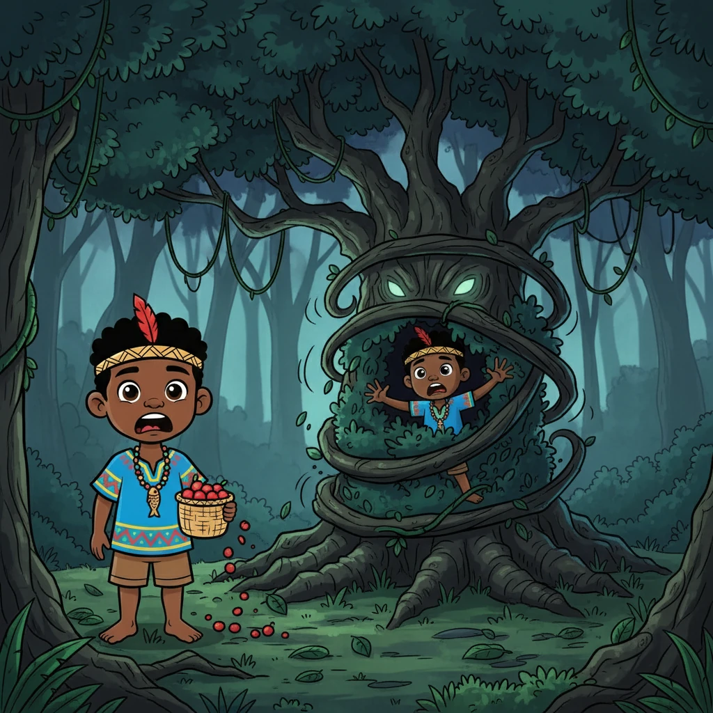 De repente, el árbol, que era un ser vivo, reaccionó. Sus ramas se cerraron, atrapando a Yaku. Kawa, horrorizado, observó cómo su hermano desaparecía entre las hojas.