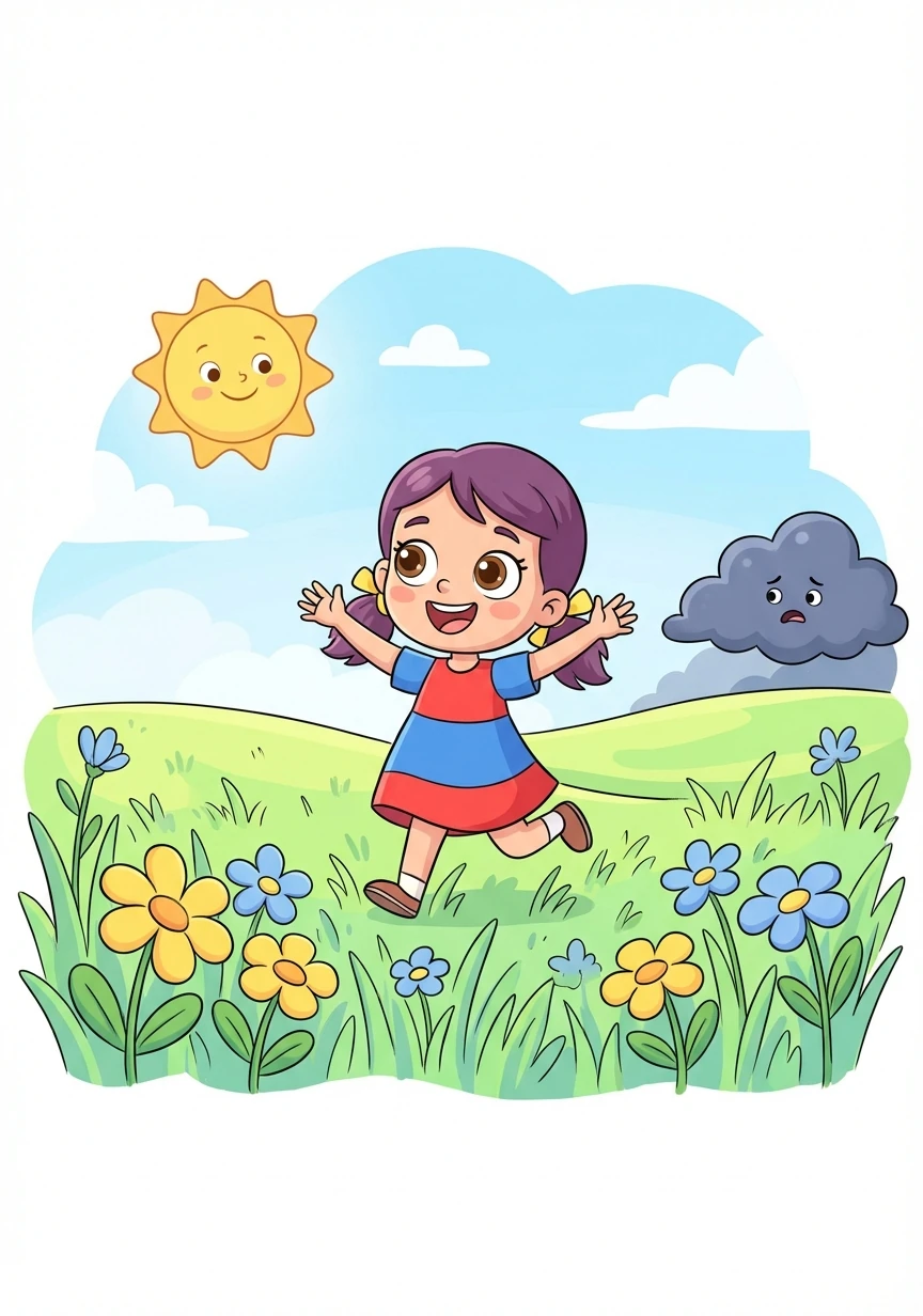 Elara skipped through a sunny meadow, her laughter echoing through the air. She loved exploring, but today, a dark cloud loomed on the horizon.