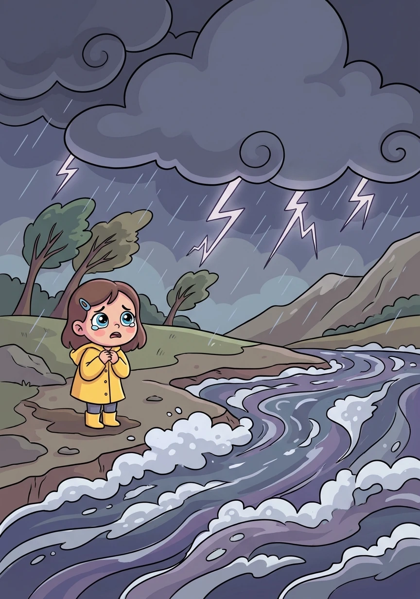 Suddenly, a giant storm rolled in, and Elara's path was blocked by a raging river. She felt scared and alone, the joy draining from her face.