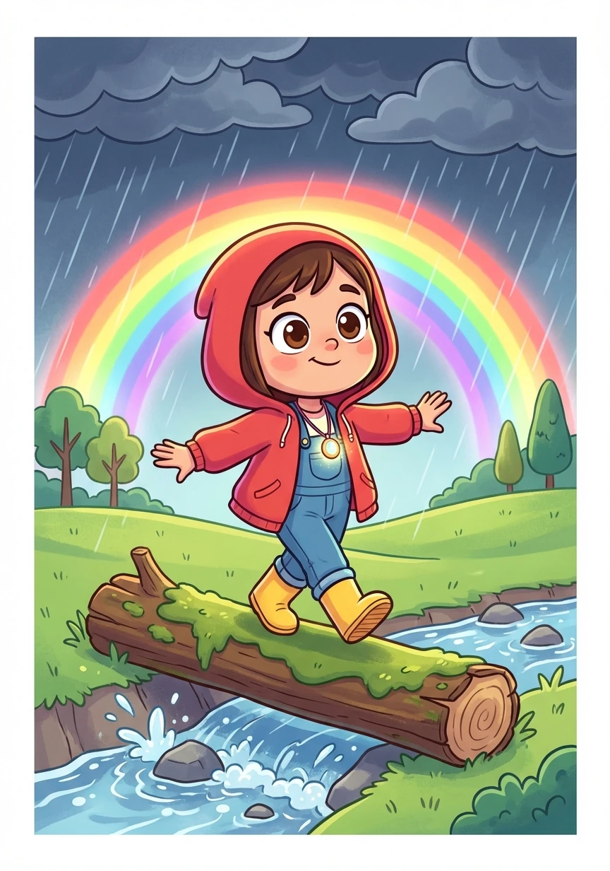 Taking a deep breath, Elara remembered her grandmother's words: 'Even in the storm, look for the rainbow.' She decided to find a way across with a smile.