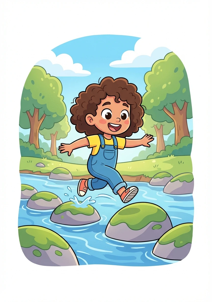 Elara spotted some sturdy rocks and carefully began hopping across the river, one by one. Each successful jump brought a burst of laughter and renewed confidence.