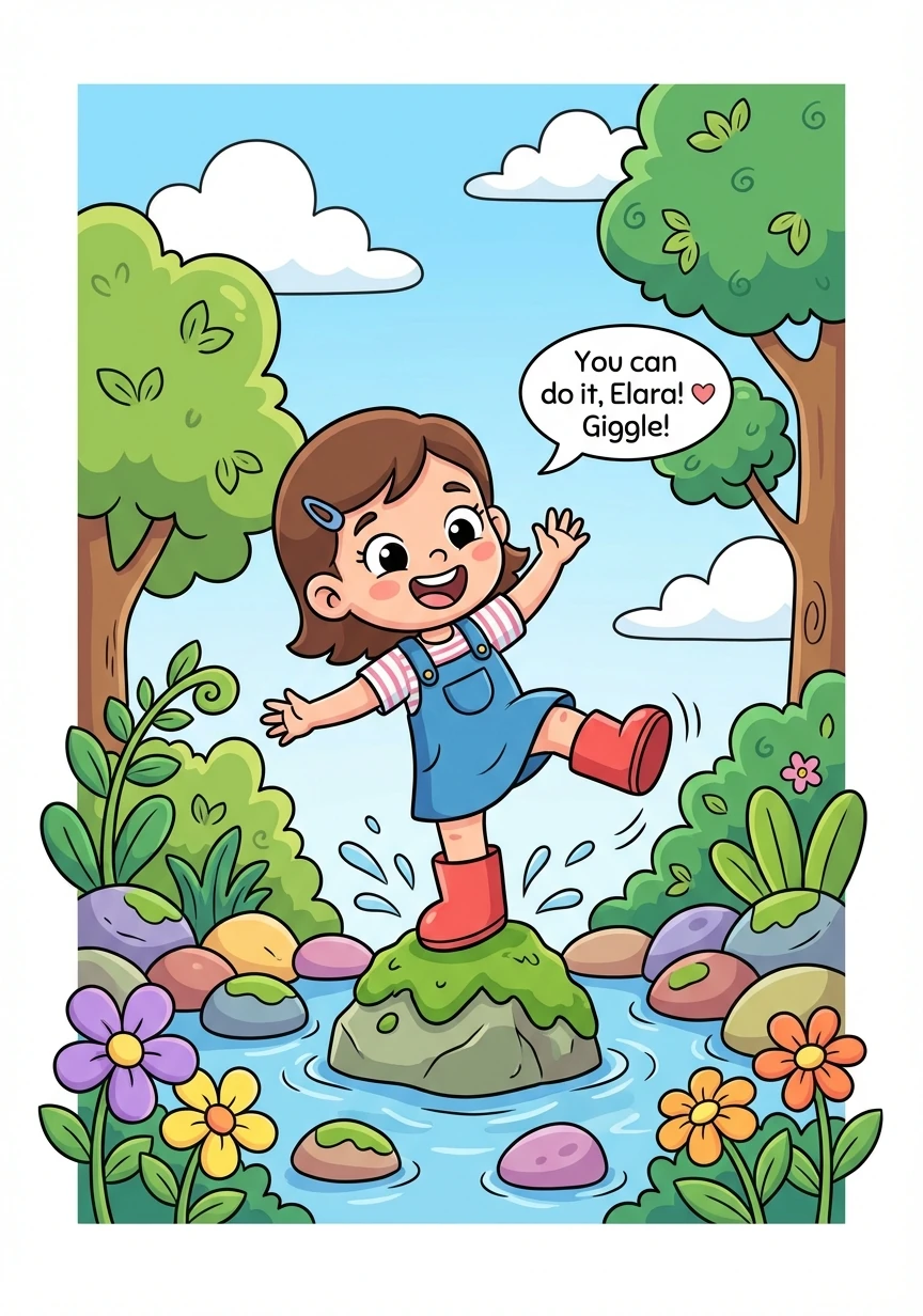 Midway across, a rock wobbled! Elara stumbled but quickly regained her balance, giggling at the near fall. She cheered herself on, 'You can do it, Elara!'