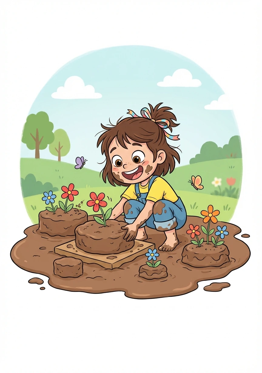 On the other side, Elara discovered a beautiful, muddy patch. Instead of being upset, she made mud pies and decorated them with colorful flowers.