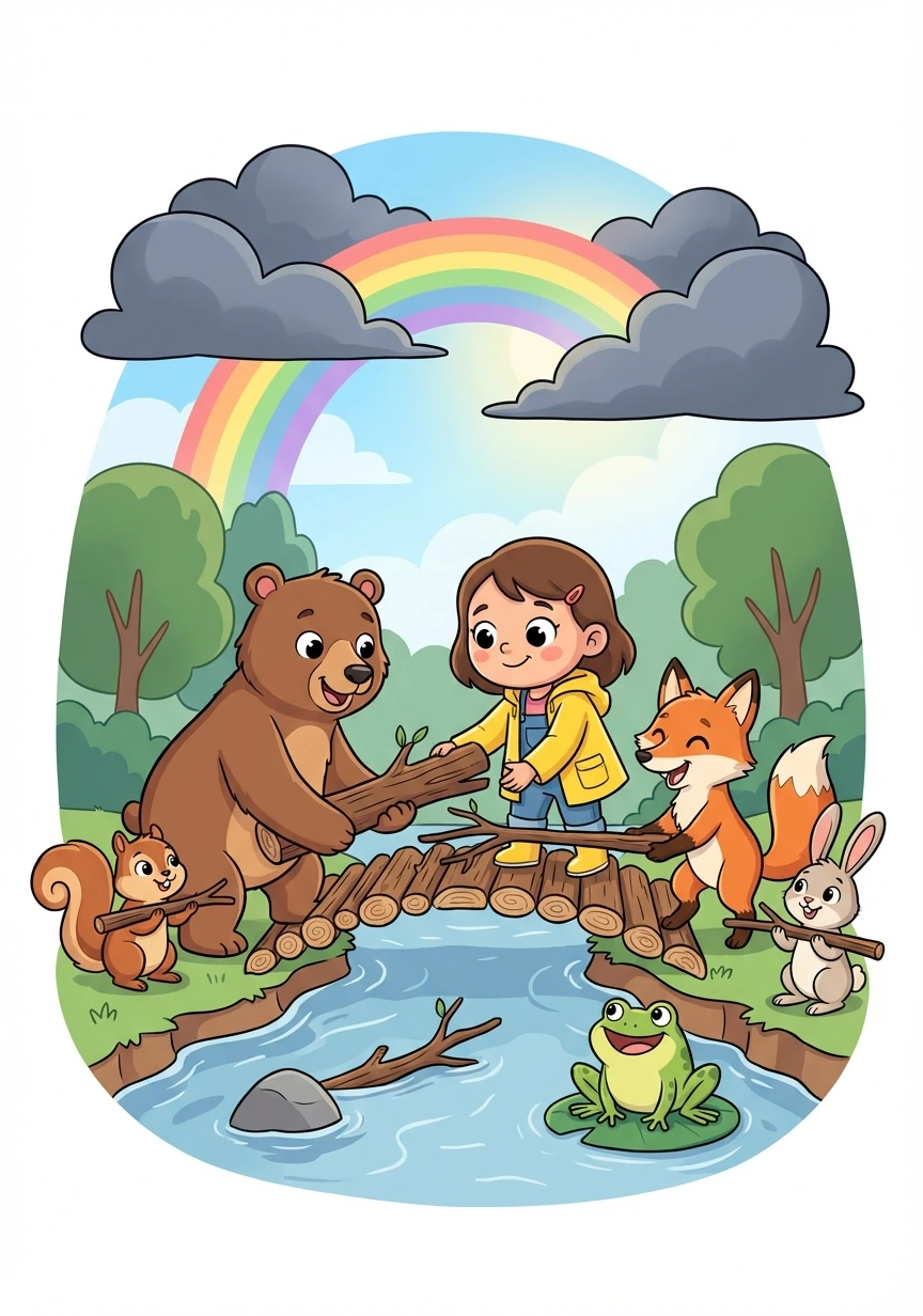 Together, Elara and her new friends built a bridge of kindness and laughter to help others cross the river. The storm seemed a little less scary now.