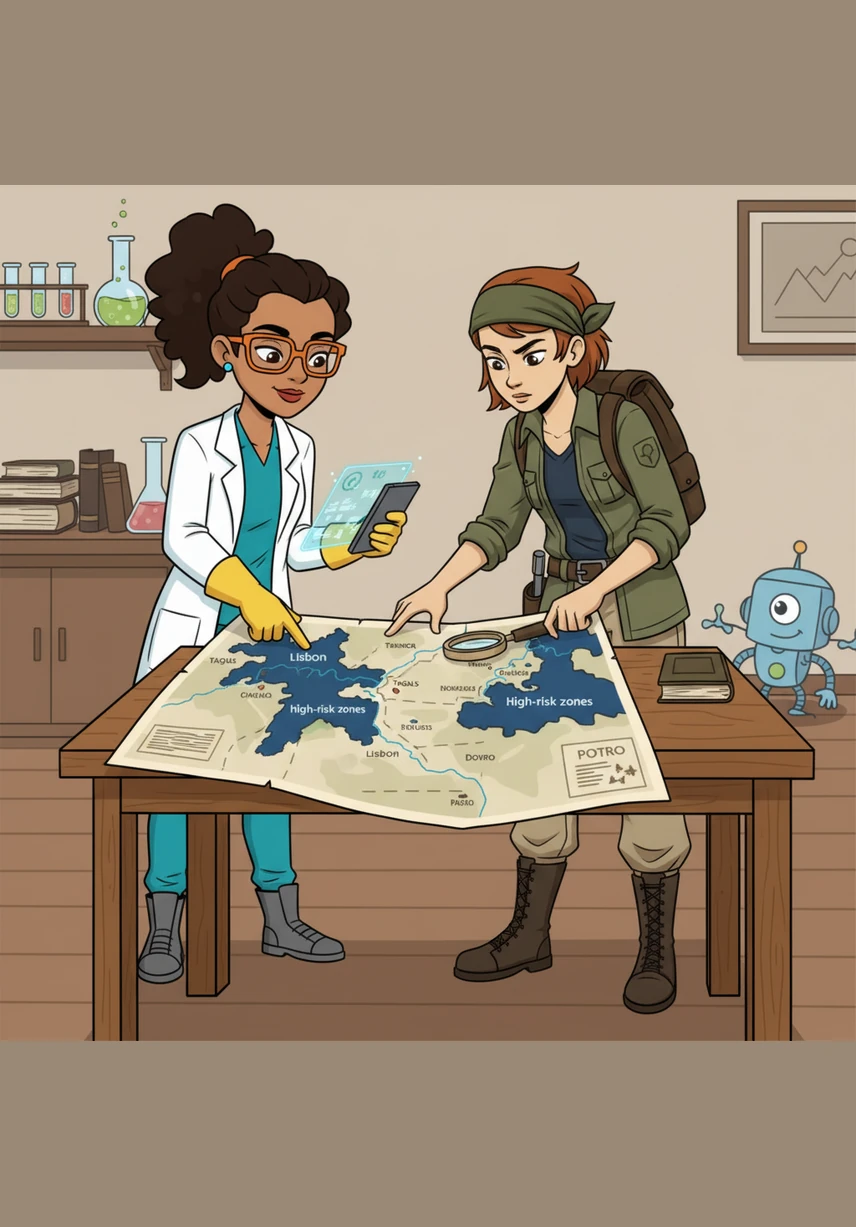 Jéssica and Bianca examine a large, detailed map of Portugal, focusing on the blue-shaded high-risk zones around the Tagus and Douro estuaries. They are starting a research project to understand the science and history of the country's most devastating floods.