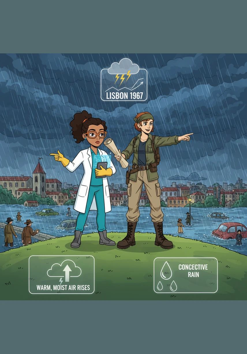 The girls look back at the tragedy of 1967, where a massive storm dropped a fifth of the year's rain on Lisbon in just five hours. They learn about convective rain, a phenomenon where warm, moist air rises rapidly and condenses into a violent, overwhelming downpour.