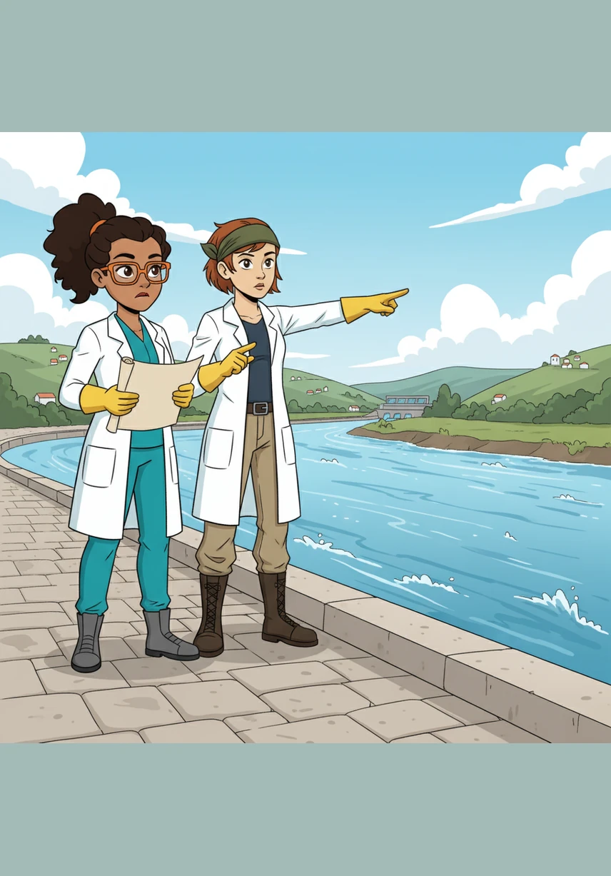 Standing by the Tagus River in Vila Franca de Xira, Bianca watches the powerful current while Jéssica explains that most of the river's water comes from Spain. They discuss how dams across the Iberian Peninsula must coordinate their gates to manage the peak flow of the international basin.