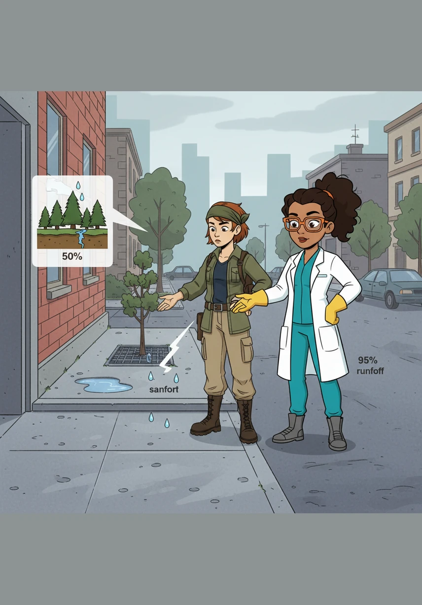 In a paved urban area, Bianca notices that the water has nowhere to go, while Jéssica explains the danger of soil impermeabilization. They learn that while natural forests absorb half of all rainfall, city asphalt allows almost all of it to flow over the surface as dangerous runoff.