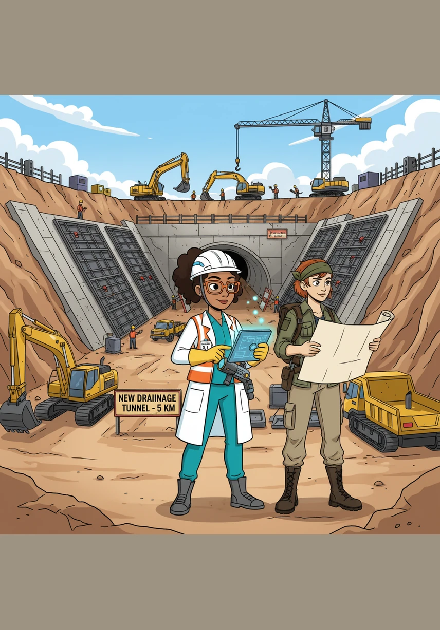 They visit a massive construction site for a new five-kilometer drainage tunnel designed to protect Lisbon's lower streets from future disasters. These giant underground channels will divert excess water from the hills directly into the river, bypassing the vulnerable city center.