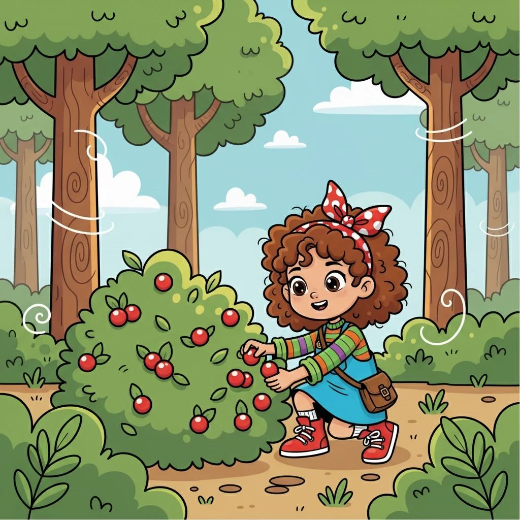 Willow, a curious girl with bright eyes and a braid, loved exploring the Whispering Woods. The trees whispered secrets to the wind, and sunlight dappled through the leaves. One sunny afternoon, she promised her friend, Finn, she'd help him gather berries.