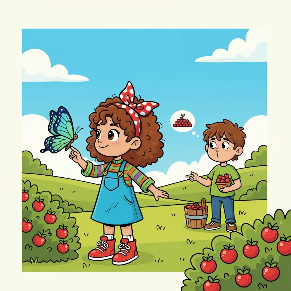 Finn, a playful boy with a mischievous grin, was excited for Willow's help. He envisioned a mountain of juicy berries for their afternoon snack. Willow, however, was distracted by a shimmering butterfly and forgot all about her promise.