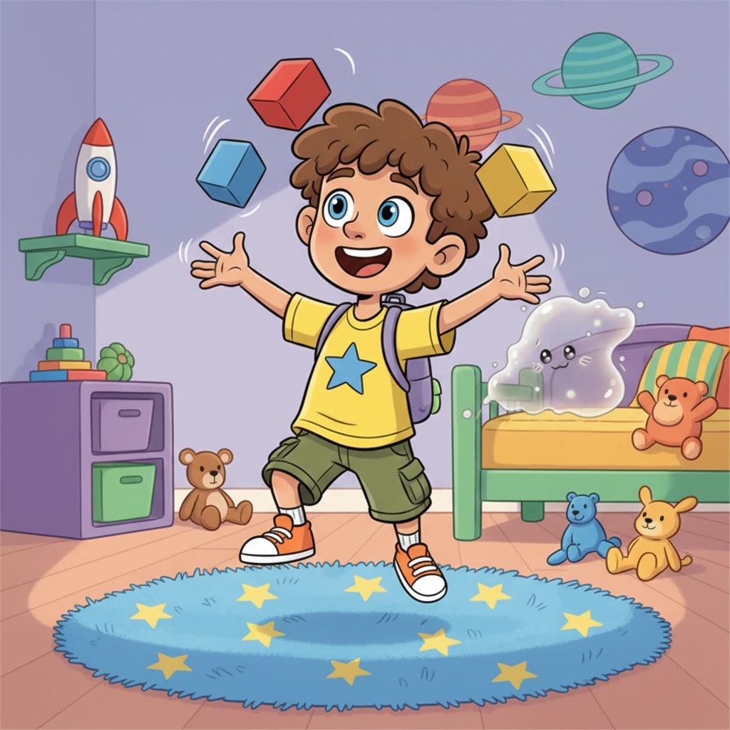 Leo is a ball of sunshine, bouncing around his colorful room, but a tiny, shimmering, wobbly wisp floats just behind him, almost unnoticed. He has big, bright eyes and a wide, cheerful grin as he juggles colorful blocks. The wisp is a translucent, slightly greyish blob with soft edges, looking a bit like a shy cloud.