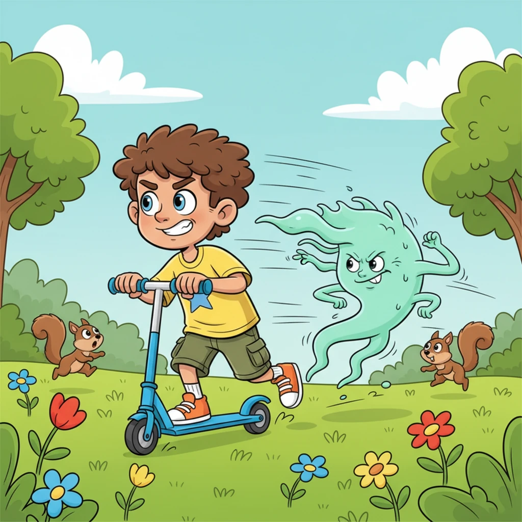 Leo tries to outrun the wisp. He zips through a bright green park on his scooter, wind whipping through his hair, a determined look on his face. The wisp, with exaggerated effort, stretches and strains to keep up, its form wobbling comically. Squirrels scatter and flowers sway as he zooms past.