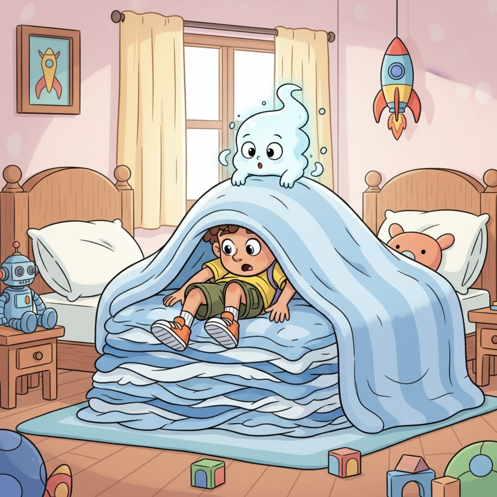 Later, Leo attempts to hide the wisp. He dives under a pile of soft, fluffy blankets in his bed, hoping it will disappear. The wisp, looking bewildered, peeks out from under the blankets, its soft form slightly flattened by the weight, its tiny, expressive eyes wide with surprise. His room is cozy and filled with whimsical toys.