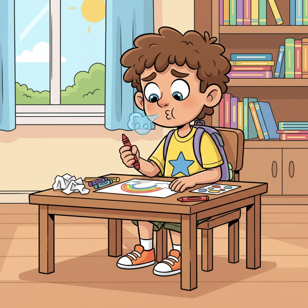 No matter what Leo does, the wisp always reappears, sometimes even bigger and more noticeable. As he sits at his art table, drawing a rainbow, the wisp floats right between him and his paper, casting a gentle, translucent shadow. Leo sighs, a tiny puff of air escaping his lips, his shoulders slumping slightly.