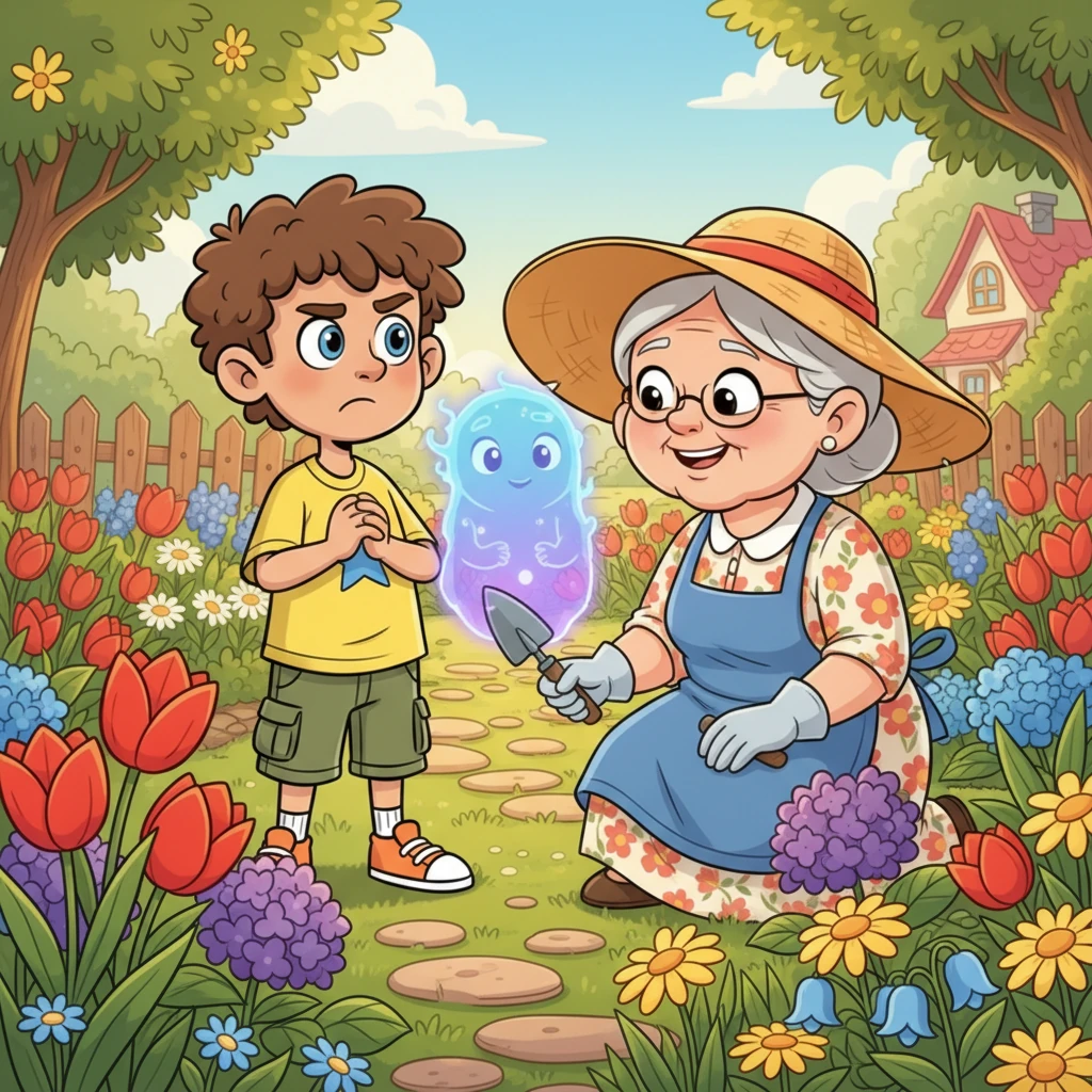 Feeling a bit frustrated, Leo seeks out his kind Grandma, who is tending to her vibrant flower garden. She has a warm, crinkly smile and wears a big, floppy sun hat. The wisp hovers shyly behind Leo, almost blending in with the colorful blooms.