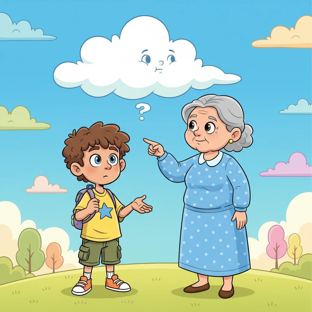 Grandma gently explains that feelings, even the tricky ones, are like clouds in the sky. They float in, they float out, and sometimes they teach us about the weather. She points to a fluffy cloud drifting by, and the wisp seems to listen intently, its form momentarily still. Leo looks up, his brow furrowed in thought.