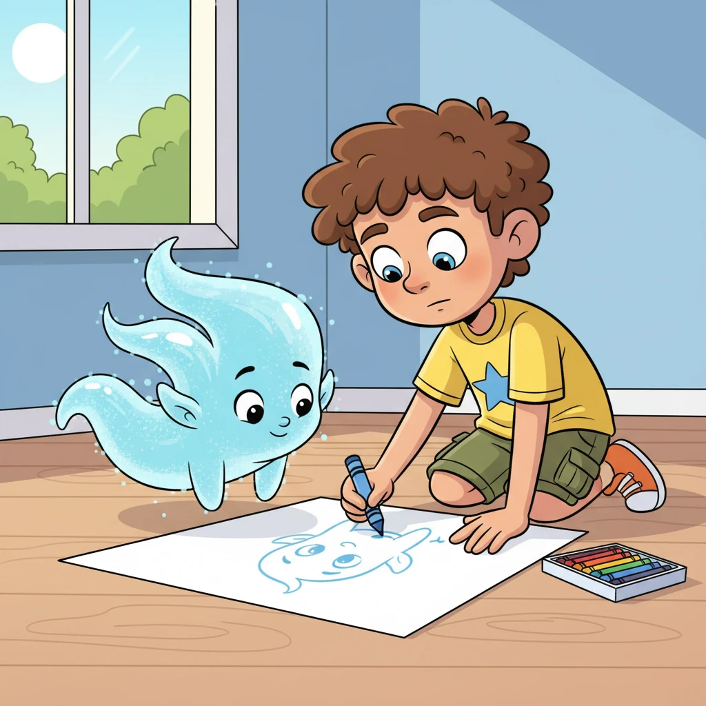 Inspired, Leo decides to draw his wobbly wisp. With a new set of crayons, he carefully sketches its shimmering, translucent shape on a large piece of paper. The wisp itself seems curious, leaning in to watch Leo's artistic endeavor, its form less agitated than before. He adds a tiny, friendly smile to his drawing.