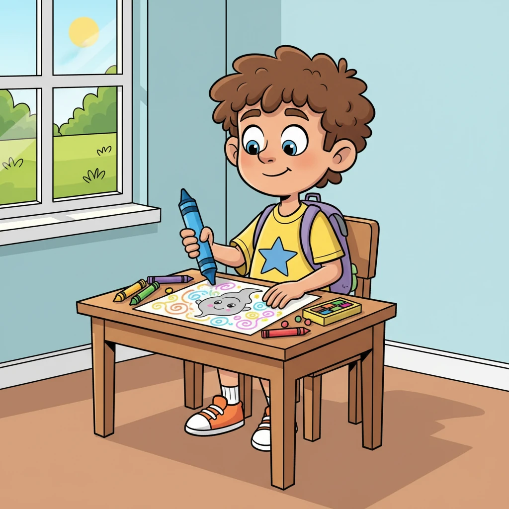 As Leo draws, he realizes the wisp isn't scary or mean; it's just a part of his story, a memory that needs a little understanding. He adds bright, cheerful colors around his wisp drawing, making it look less grey and more like a friendly companion. A small, hopeful smile begins to form on his face.