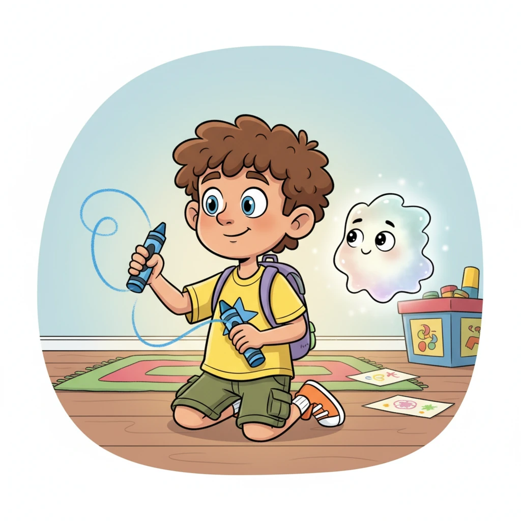With each stroke of his crayon, the wobbly wisp in the air begins to transform. It shrinks a little, its greyish hue softening into a gentle, pearlescent glow, and it even seems to sprout tiny, friendly eyes. It now hovers beside Leo like a loyal, quiet friend, no longer a burden.