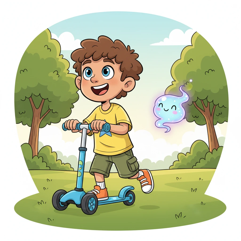 Leo is back in the park, playing with his scooter, but this time, he’s not trying to outrun anything. The now gentle, glowing wisp floats peacefully beside him, a soft reminder of his journey. Leo laughs, a sound as bright as the sunshine, understanding that all his feelings, big or small, help make him wonderfully unique.