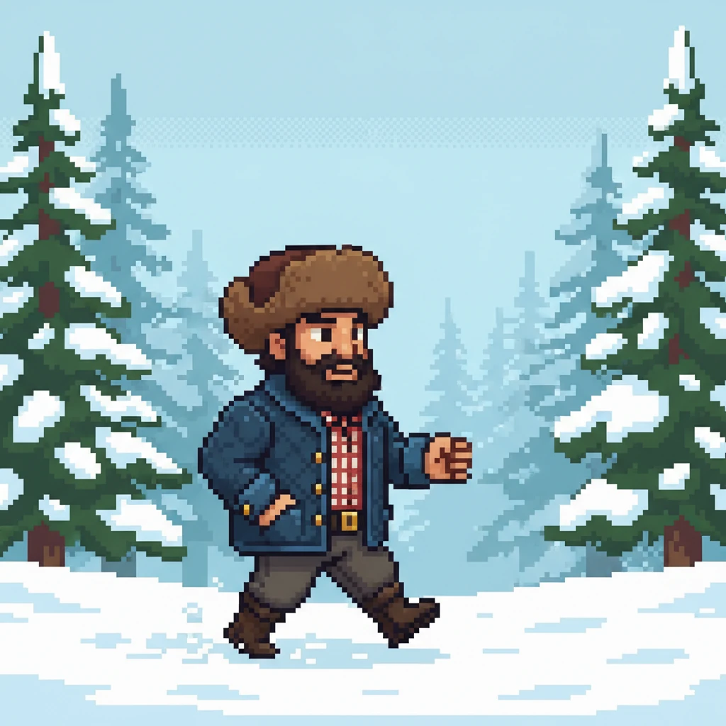 The snow-dusted forest was silent, save for the crunch of Ivan's boots. Tall, pixelated pine trees, heavy with white, reached towards a pale sky. The warmth from his ushanka intensified, guiding him deeper into the serene, frozen landscape. He felt a sense of peaceful wonder as he walked.