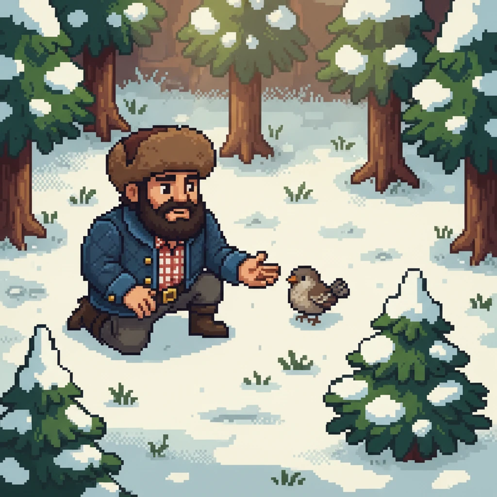 He emerged into a small, secluded clearing, bathed in soft, diffused light. In the center, huddled near the base of a snow-laden bush, was a tiny, shivering bird. Its feathers were ruffled, and it looked terribly cold and alone. Ivan's heart went out to the little creature.