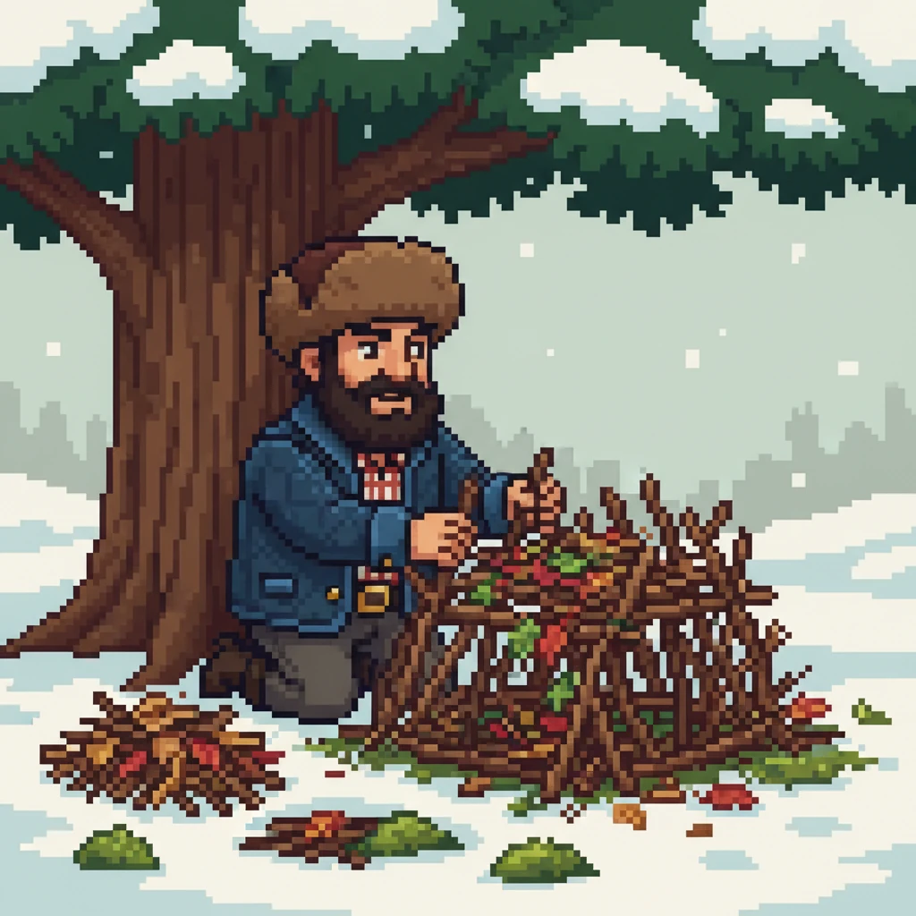 Determined to help, Ivan looked around for materials. He gathered small twigs, dried leaves, and soft moss from under the snow. With patient effort, he began to construct a small, cozy shelter near the base of a thick tree. It was a simple, sturdy little nest, just enough to protect the bird from the wind.