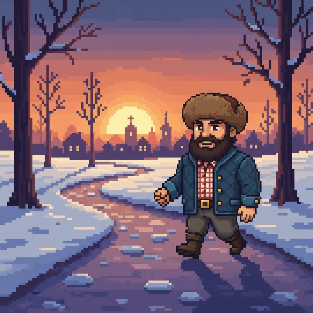 As the sun began to set, casting long, pixelated shadows, Ivan began his walk back to the village. The ushanka still felt warm on his head, but now it carried the memory of a good deed. He returned home with a light step and a heart full of quiet satisfaction, ready to share the warmth of his kindness with others.