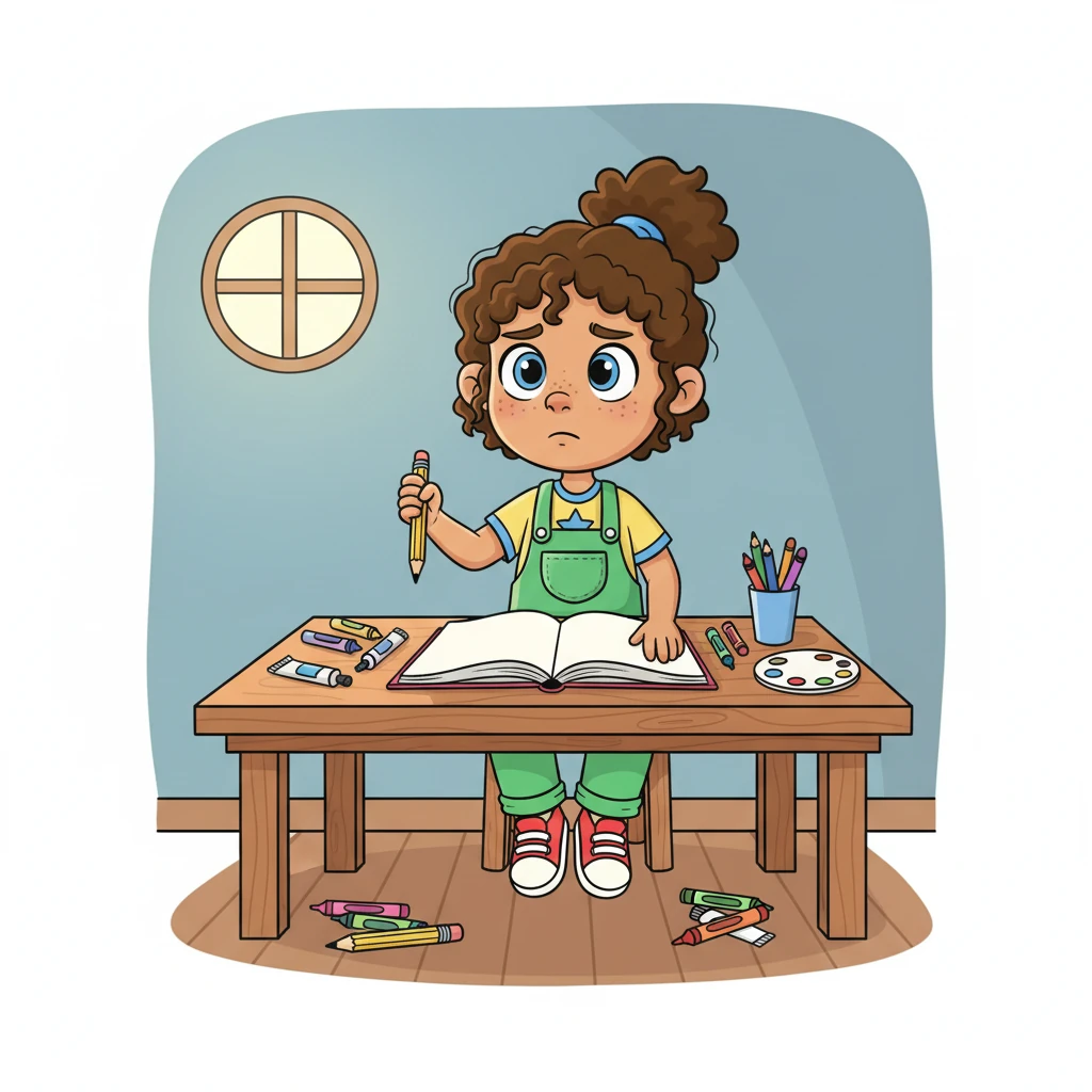 Pippa sits at her art table, a big, empty sketchbook open before her. Her bright, expressive face shows a tiny frown, and her pencil dangles limply. Colorful art supplies are scattered around, waiting to be used.