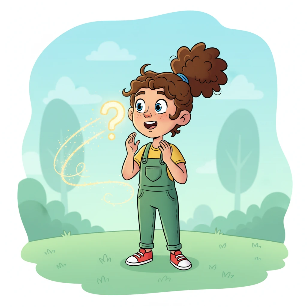 Suddenly, a tiny, shimmering, question-mark-shaped sprite, glowing with soft yellow light, zips past her nose. Pippa's eyes widen in surprise, and her frown turns into a look of wide-eyed wonder. It leaves a little trail of sparkling dust.