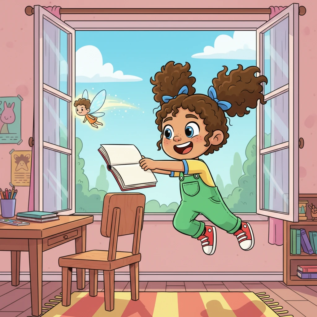 The little sprite, which Pippa calls a "Prompt," zips out of her window. Pippa, full of playful energy, leaps up from her chair, grabbing her empty sketchbook. She follows, her pigtails bouncing as she chases the glowing friend.