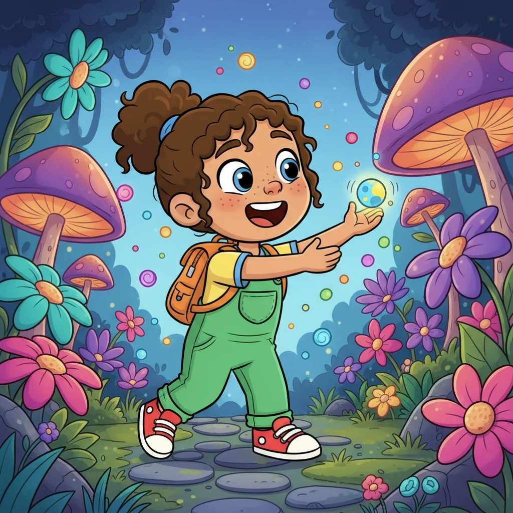 The Prompt leads Pippa through a fantastical garden, where flowers bloom in impossible colors and giant mushrooms glow softly. Pippa giggles, her arms outstretched as she tries to gently catch the elusive, zipping light. More tiny, colorful Prompts begin to appear, dancing around her.