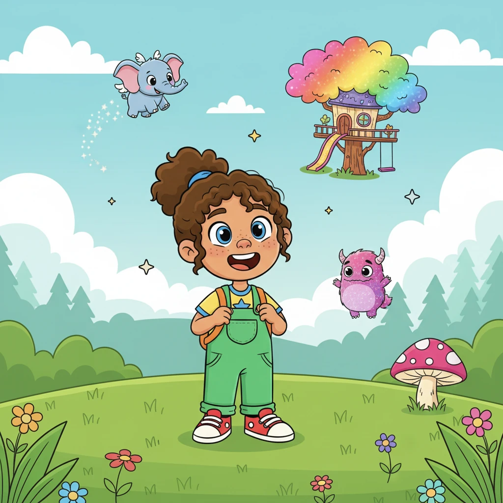 Each new Prompt whispers a different idea into Pippa's ear, like a little jingle or a visual flash. One suggests a flying elephant, another a rainbow-colored treehouse, and a third, a shy, sparkly monster. Pippa's face lights up with pure joy and inspiration.