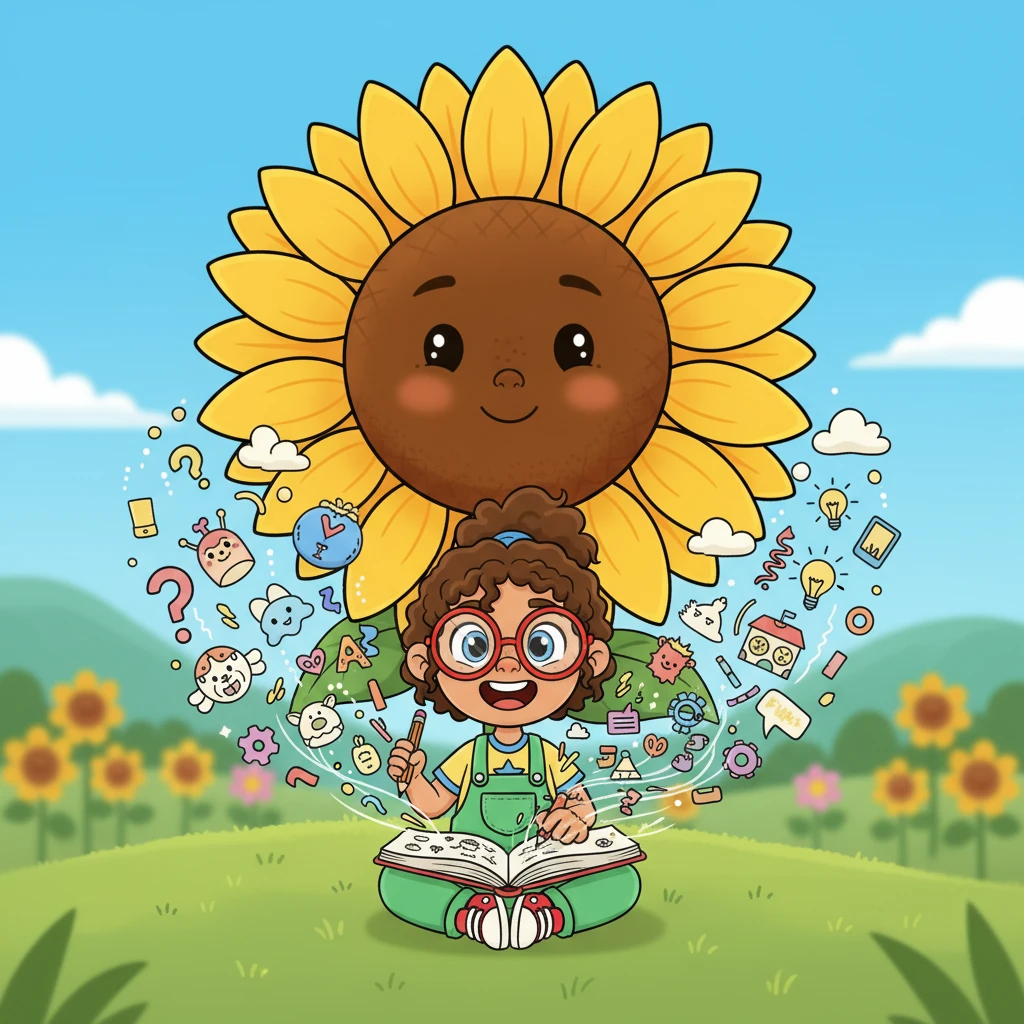 Pippa finds a cozy spot under a giant, friendly-faced sunflower. Surrounded by a swirling kaleidoscope of Prompts, she eagerly opens her sketchbook. Her pencil now moves with rapid, confident strokes, bringing her fantastic ideas to life on the page.