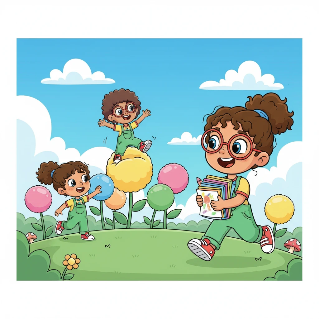 Pippa, beaming with pride, gathers her finished drawings and runs to share them. She finds her friends, Leo and Mia, playing in a whimsical park filled with oversized, bouncy flowers. Her arms are full of colorful art.