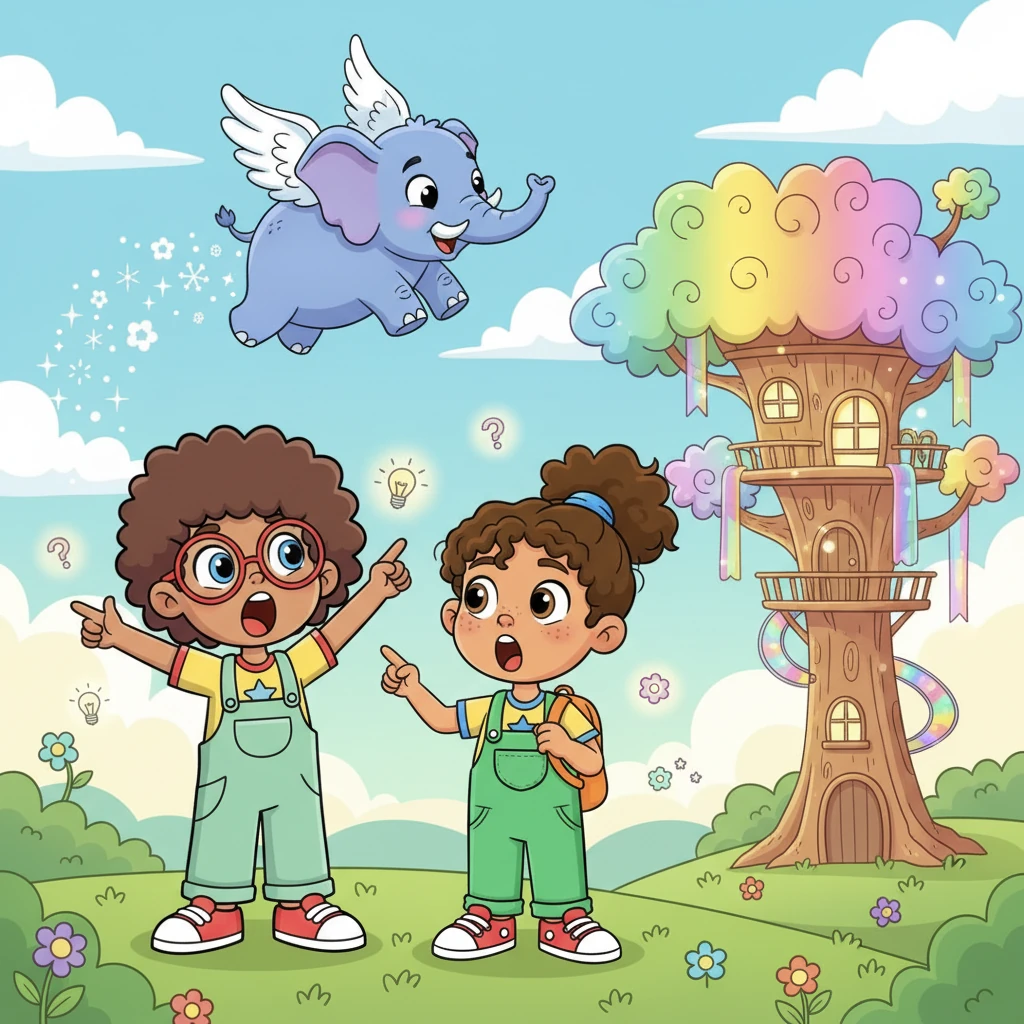 Leo and Mia gasp in awe, their eyes wide as they look at Pippa's imaginative creations. They point at the flying elephant and the rainbow treehouse, their faces mirroring Pippa's earlier wonder. Tiny, new Prompts begin to appear around them, too.
